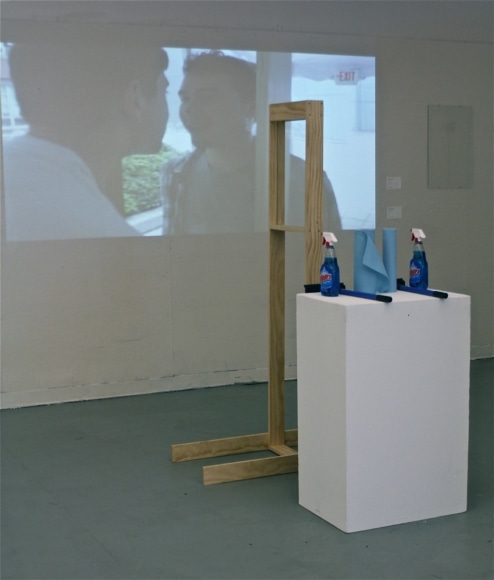 ZACHARY GOLDMAN The Kissing Glass 2012, wood, screws, glass, Windex, squeegees, shop towels, 72 x 47 x 18.5 inches