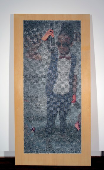 Wilmer Wilson IV TAR B 2018, staples and pigment print on wood, 96 x 48 x 1.5 inches