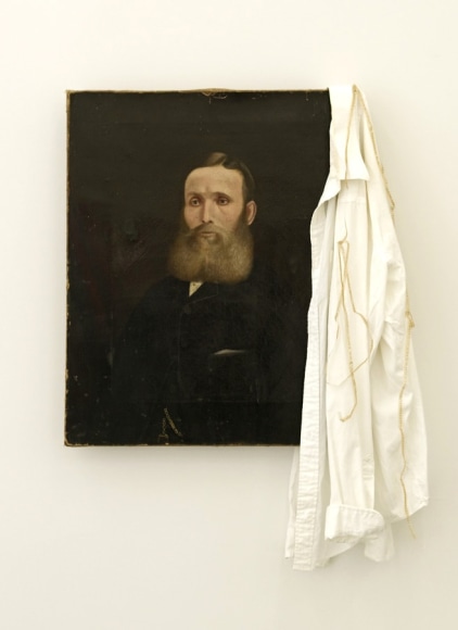 JOHN KIRCHNER A Sober Looking Red-Eyed Gentleman with Old Corrections 2009, oil on canvas, shirt and correction tape, 40 x 30 inches.