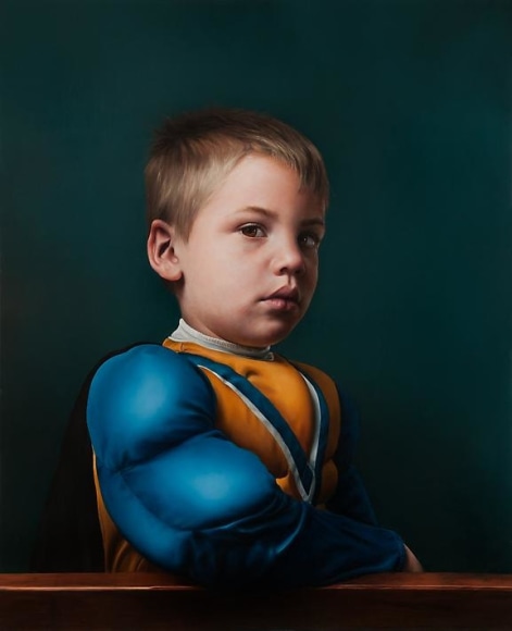 KATIE MILLER  Boy with a Muscled Sleeve 2014, oil on panel, 28 x 22.75 inches.