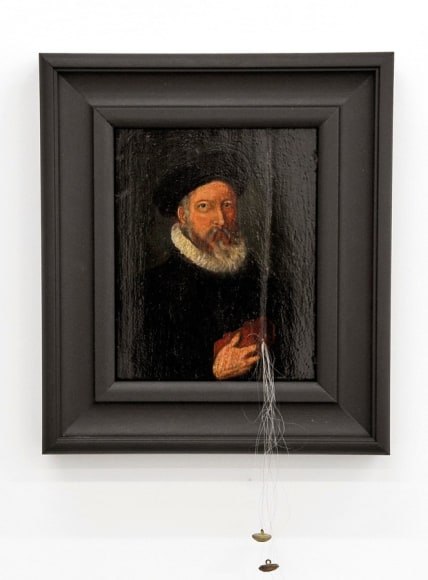 JOHN KIRCHNER Tempis Fugit - and Things Get Lost Along the Way 2009, framed oil on panel, hair and brass Civil War buttons, 20 x 13.5 inches