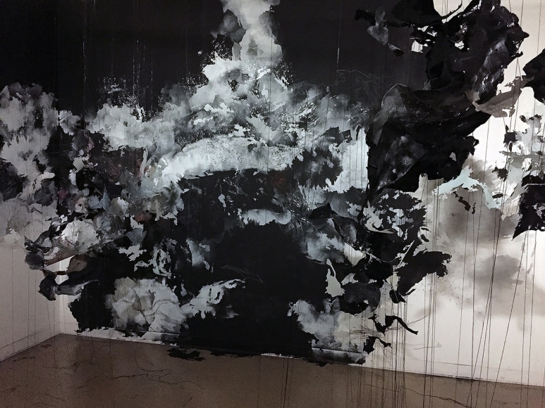 JOWITA WYSZOMIRSKA  Przeswity, rozwidla (&quot;It grows and bifurcates until the whole&quot;) 2015, paint, Mylar, thread, felt, pins, 10 x 15 x 10 feet.