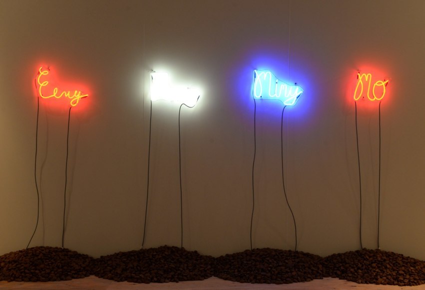 SHELDON SCOTT Eeny Meeny Miney Mo  2014, neon, Brazil Nuts, dimensions variable.