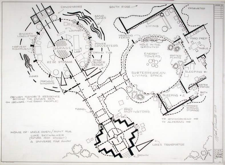 MARK BENNETT Home of Uncle Owen and Aunt Rue (Star Wars) 2006, india ink and graphite on vellum, 30 x 42 inches.