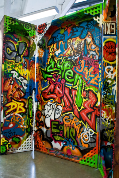 WESELY CLARK Altered 2012, oil paint, shellac, lumber, plywood, masonry nails, spraypaint, 90 x 91 x 35 inches