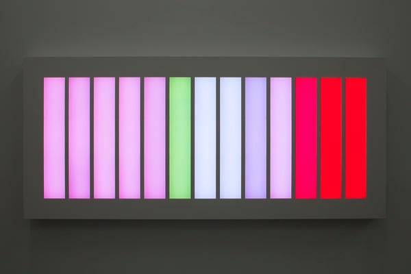 LEO VILLAREAL Coded Spectrum 2012, light emitting diodes, mac mini, custom software, circuitry, powder-coated aluminum, plexiglas, 46 x 103.25 x 6 inches