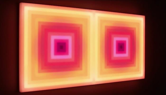 LEO VILLAREAL Double Scramble 2013, light emitting diodes, computer, custom software, circuitry, wood, plexiglas, 37.5 x 73.5 x 3.75 inches