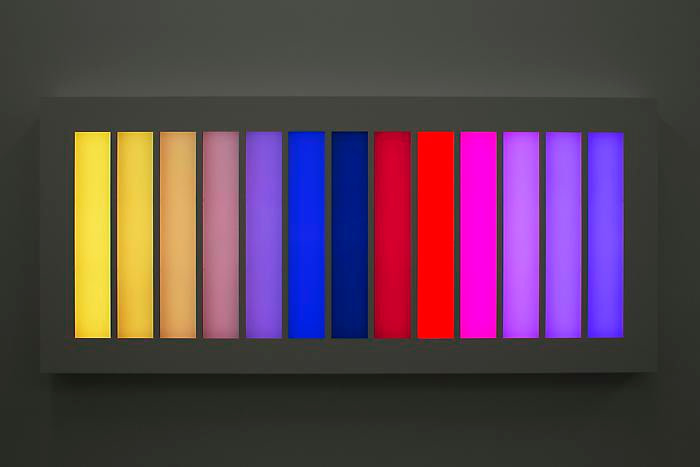 LEO VILLAREAL Coded Spectrum  2012, light emitting diodes, mac mini, custom software, circuitry, powder-coated aluminum, plexiglas, 46 x 103.25 x 6 inches