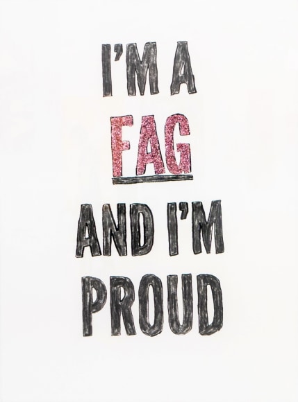 Sheldon Scott  l.a.d.c.a.f (pink glitter)  2018, charcoal on Coventry rag, glitter, 30 x 22 inches.