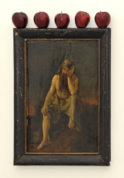 JOHN KIRCHNER Solace and Sustenance for the World Weary 2007, framed oil on panel and apples, 28 x 28 inches.
