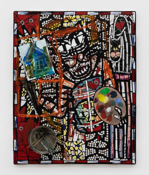Cameron Welch, Ex in Abs, 2018, Oil, acrylic, spray, collage, found objects, and ceramic on panel 60 x 48 in (152.4 x 121.9 cm), CWE19.014