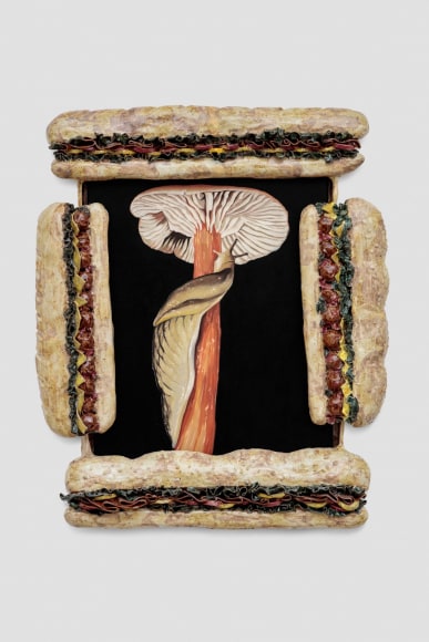 Stephanie Temma Hier Footlong Fantasy, 2021 Oil on linen with glazed stoneware sculpture 31 x 27 x 5 in 78.7 x 68.6 x 12.7 cm (SHI21.014) Stephanie Temma Hier Footlong Fantasy, 2021 Oil on linen with glazed stoneware sculpture 31 x 27 x 5 in 78.7 x 68.6 x 12.7 cm (SHI21.014)