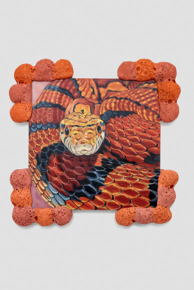 Stephanie Temma Hier Endless Red Tongue, 2021 Oil on linen with glazed stoneware sculpture 55 x 55 x 4 in 139.7 x 139.7 x 10.2 cm (SHI21.015)