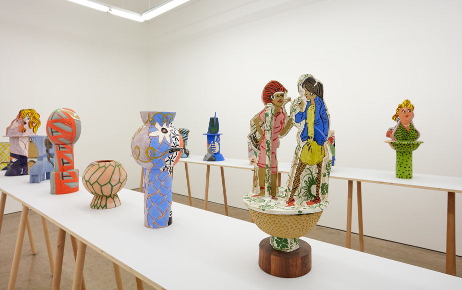 Installation of &quot;Propaganda Pots&quot; (2018) by Bari Ziperstein, specifically highlighting &quot;And you still don't have a boyfriend? You are falling behind of the times (fashion),&quot;