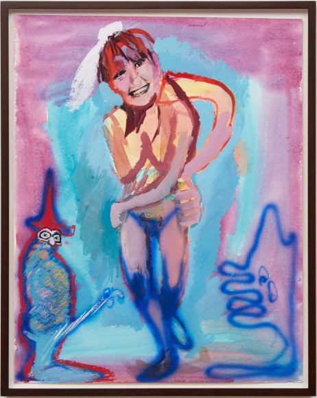 Alessandro Pessoli, Untitled, 2018, Oil, oil pastel, spray paint, and pen on paper, 18 x 22.5 in (19.5 x 23.75 in. framed), AP18.009