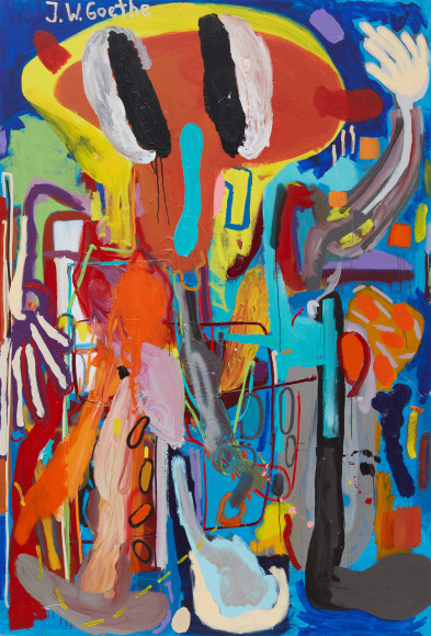 André Butzer Goethe komischer Mann, 2018 Oil and acrylic on canvas 106 1/4 x 70 7/8 in 270 x 180 cm (AB18.024)