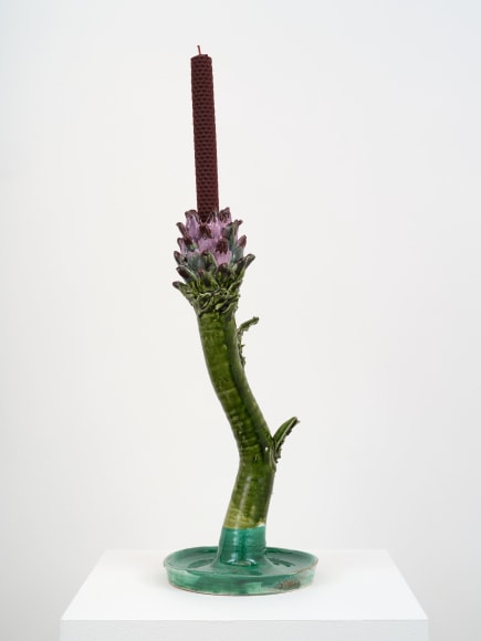 Lola Montes Carciofi Candelabra 11, 2022 Hand painted terracotta candelabra 16 1/2 x 6 3/4 x 6 3/4 in 41.9 x 17.1 x 17.1 cm (LMO22.011)