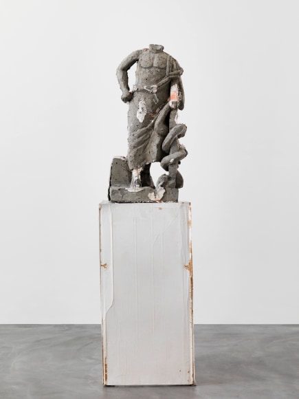 Justin Matherly It's ok to limp, 2016 Concrete, modified gypsum, modified ambulatory equipment, paracord (sunrise camouflage) figure: 39 x 18 1/4 x 16 3/8 in 99.1 x 46.4 x 41.6 cm base: 43 1/2 x 21 7/8 x 28 3/8 in 110.5 x 55.6 x 72.1 cm sculpture: 82 1/2 x 21 7/8 x 28 3/8 in 209.6 x 55.6 x 72.1 cm (JMA21.001)