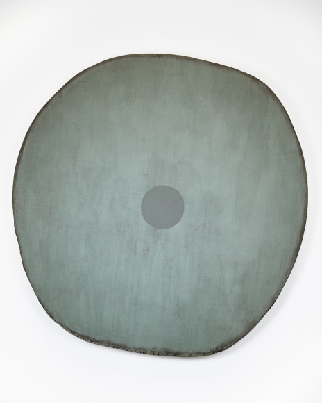 Otis Jones Green Shape, Gray Circle, 2024 Acrylic on linen on wood 58 1/2 x 57 1/2 x 5 in 148.6 x 146.1 x 12.7 cm (OJO24.017)