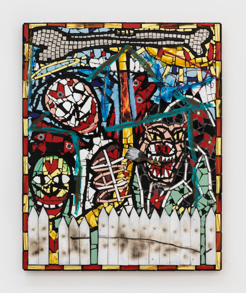 Cameron Welch, Neighborhood Affair, 2019, Oil, acrylic, spray, collage, found objects, and ceramic on panel, 60 x 48 in (152.4 x 121.9 cm), CWE19.007