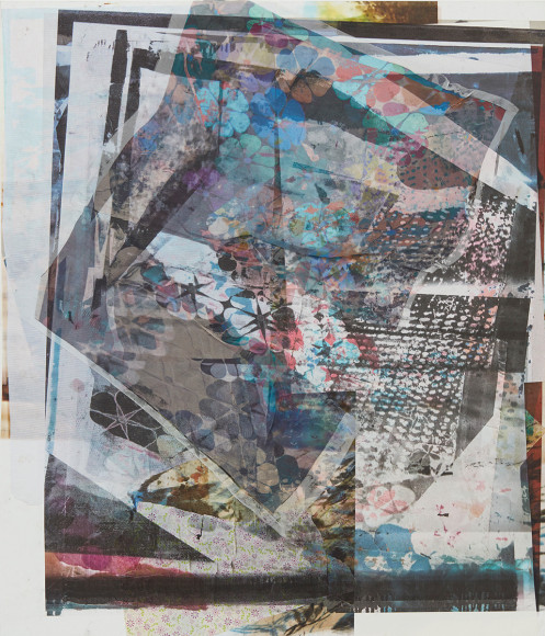 Tamar Halpern, Outer Nothingness, 2016. UltraChrome ink, archival paper, gift wrapping paper, cotton twill, silk on linen, 70 x 60 inches (177.8 x 152.4 cm) TH16.008