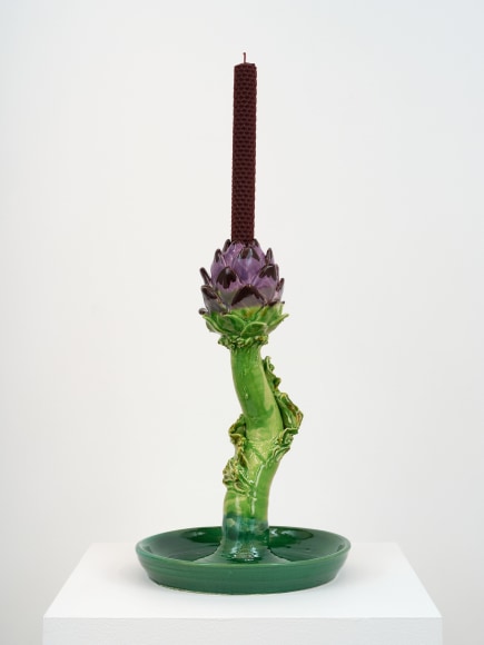 Lola Montes Carciofi Candelabra 2, 2022 Hand painted terracotta candelabra 14 x 8 1/2 x 8 1/2 in 35.6 x 21.6 x 21.6 cm (LMO22.002)