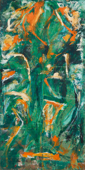 Spencer Lewis, Green Boy, 2015-2016. Mixed media on cardboard, mounted on canvas, 96 x 48 inches (SL16.005)