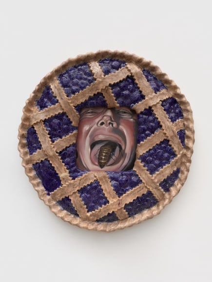 Stephanie Temma Hier Don't you ever dream of a life where corn don't grow, 2023 Oil on linen with glazed stoneware sculpture 26 x 26 x 3 in 66 x 66 x 7.6 cm (SHI23.032)