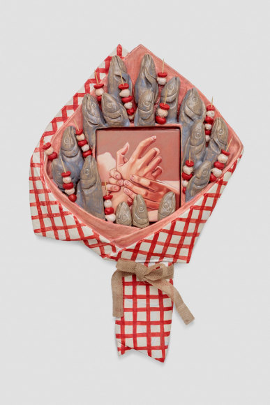 Stephanie Temma Hier Dedicated to the One I Love, 2021 Oil on linen with glazed stoneware sculpture 35 x 23 x 4 in 88.9 x 58.4 x 10.2 cm (SHI21.006)