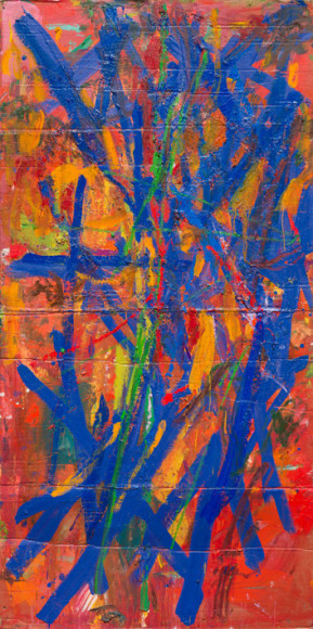 Spencer Lewis, Blue Sash, 2016. Mixed media on cardboard, mounted on canvas, 96 x 48 inches (SL16.010)