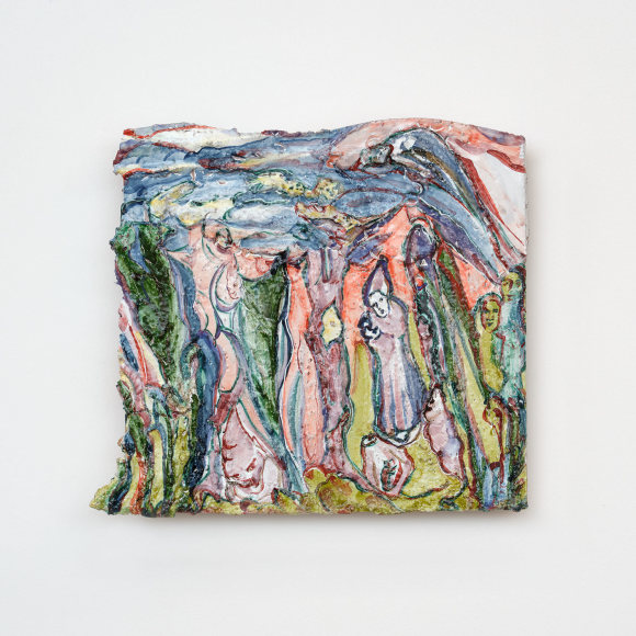 Lola Montes Aiolos, 2022 Hand-painted terracotta relief, mounted on aluminum backing 15 1/2 x 17 1/4 x 2 1/2 in 39.4 x 43.8 x 6.3 cm (LMO22.045)
