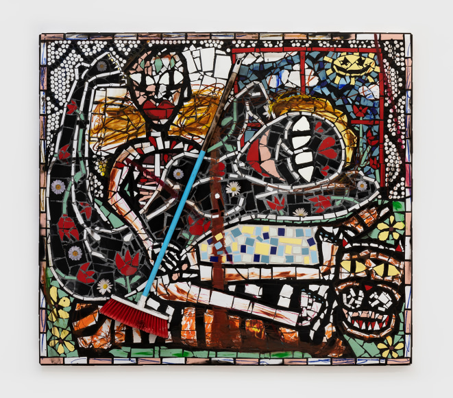Cameron Welch, Modern Love, 2019, Oil, acrylic, spray, collage, found objects, and ceramic on panel 62 x 71 in (157.5 x 180.3 cm), CWE19.006