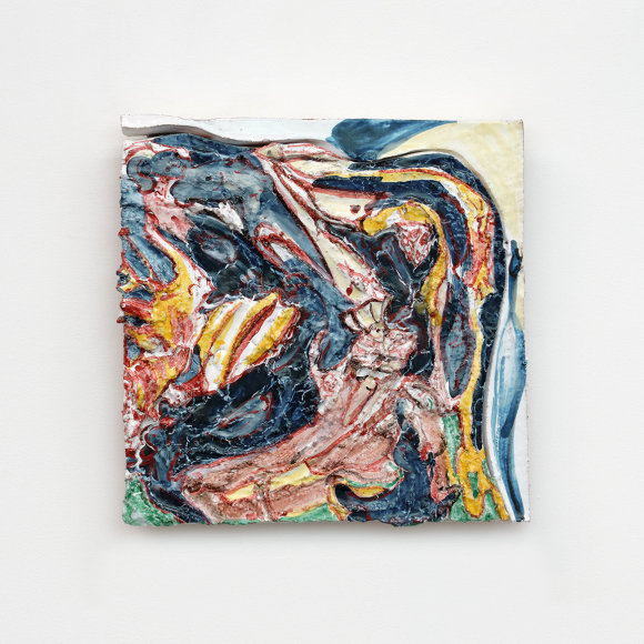 Lola Montes Potentia (the potential of the Universe transforming), 2022 Hand painted terracotta relief, mounted on aluminum backing 16 1/2 x 16 x 3 in 41.9 x 40.6 x 7.6 cm (LMO22.042)