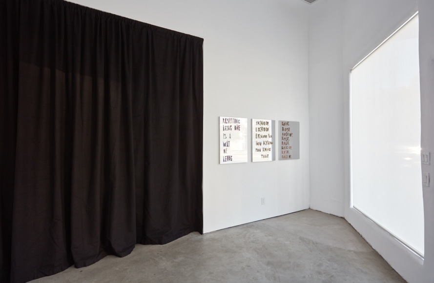 Installation View of "Resisting being one is a way of being", "I know I know I know you. You know you know that.,", and "Rose. Rose. Rose Up. Rose. Rose. Rose Up. Rose. Rose Up.," by Eve Fowler (2018)