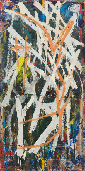 Spencer Lewis, Baby Rattle, 2015-2016. Mixed media on cardboard, mounted on canvas, 96 x 48 inches SL16.002