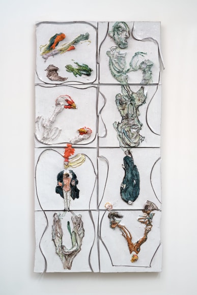 Lola Montes Spell, 2022 Hand-painted terracotta relief tiles, mounted on aluminum backing 64 x 33 x 4 1/4 in 162.6 x 83.8 x 10.8 cm (LMO22.032)
