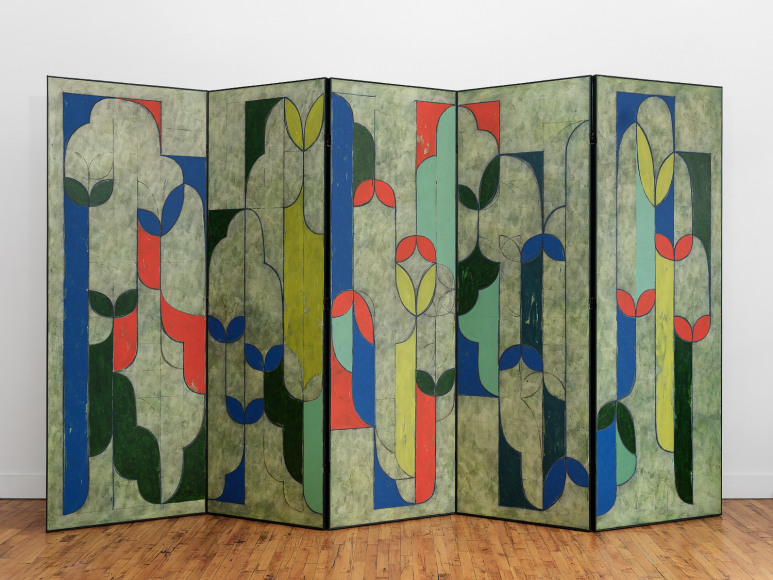 Kamrooz Aram, Privacy Screen for Public Architecture, 2022, Oil, oil crayon and pencil on linen, hinged with artist&rsquo;s frame