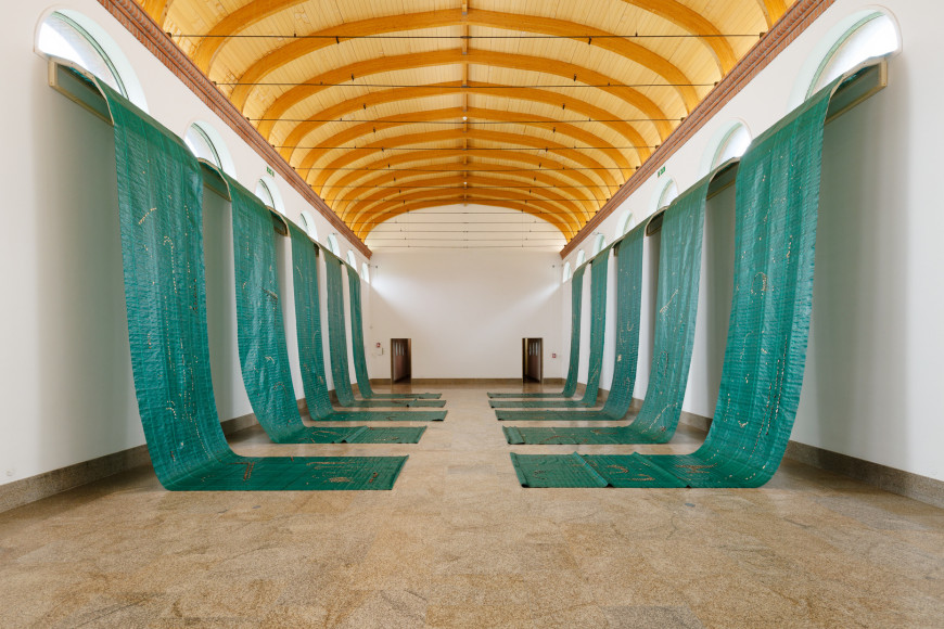 Hera&nbsp;B&uuml;y&uuml;ktaşcıyan, Defending Ancient Waters, 2023, Installation, Geotextile, tree barks, 150 x 800 cm per each piece