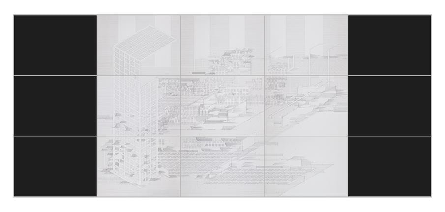 Seher Shah,&nbsp;Flatlands (scrim), 2015, Ink on paper, 15 panel drawing