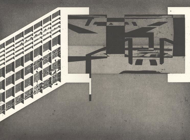 Seher Shah, Unit Object (landscape view), 2014, Etching with aquatint on Arches paper, 58.5&nbsp;x 66&nbsp;cm, Ed. of 20