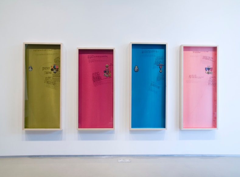 Michael Rakowitz, John (Egypt), Ringo (Jordan), Paul (Palestine) and&nbsp;George (Iraq) (The Breakup Series), 2010-2012, Vintage satin, medals, lacquer pen writing, Dimensions variable