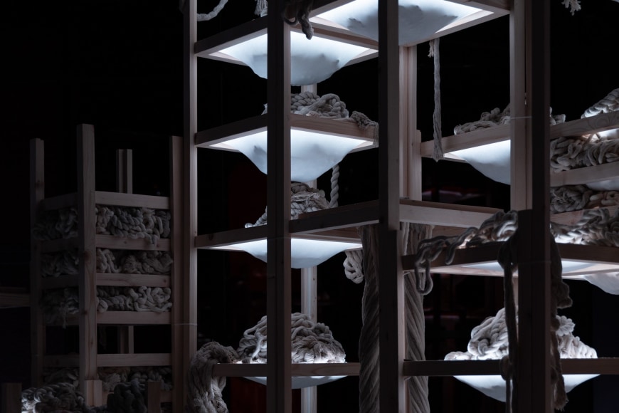 Afra Al Dhaheri, D-constructing Collective Exhaustion, 2024, Light, rope, sound, wood, Dimensions variable