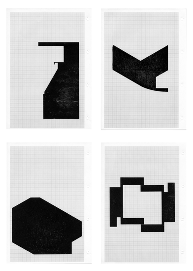 Seher Shah, Hewn set VI, 2014, 4 woodcuts on A4 grid paper, 29.7 x 21 cm (each)