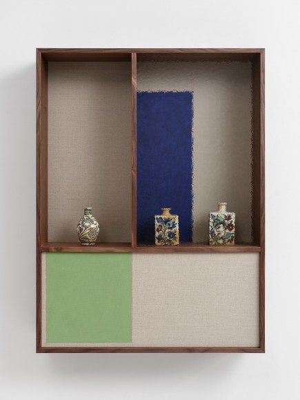 Kamrooz Aram, Domestic Composition (biruni/andaruni), 2022, Wallnut vennered MDF, glass, oil and pencil on linen and ceramic objects