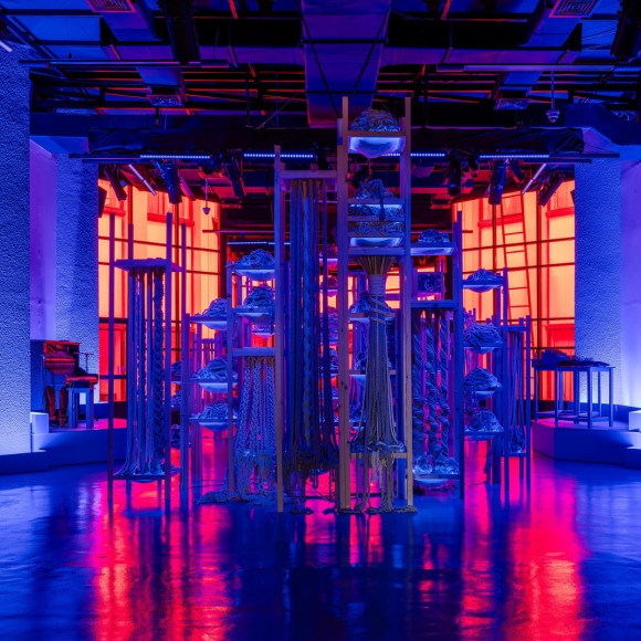 Afra Al Dhaheri, D-constructing Collective Exhaustion, 2024, Light, rope, sound, wood, Dimensions variable