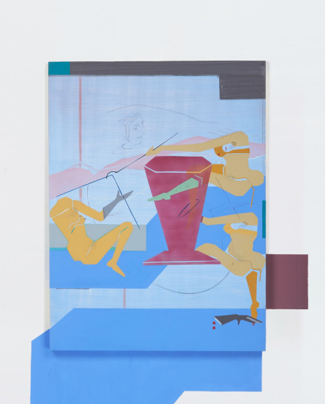 Maryam Hoseini, Women With Long Tails I, 2018, Acrylic, ink and pencil on wood panel, latex paint on wall