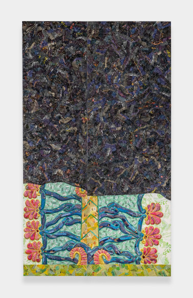 Michael Rakowitz, The invisible enemy should not exist (Northwest Palace of Kalhu, Room S, Panel S-16), 2022, Arabic newspapers, food packaging, cardboard relief sculptures on wood panel, Composed of 2 panels