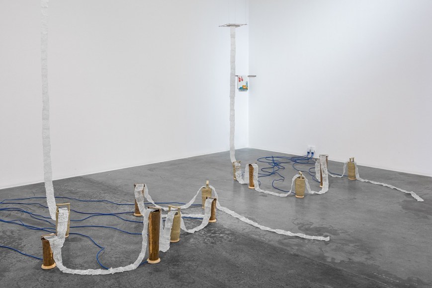 G&uuml;lşah Mursaloğlu, Merging Fields, Splitting Ends (Sequence III), 2021, Potato-based bioplastic, copper, clay, water, insulated USB cup warmers, thread