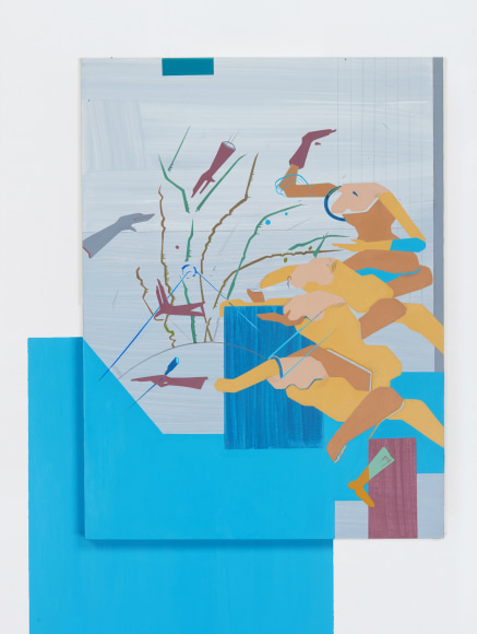 Maryam Hoseini, Women With Long Tails II, 2018, Acrylic, ink and pencil on wood panel, latex paint on wall