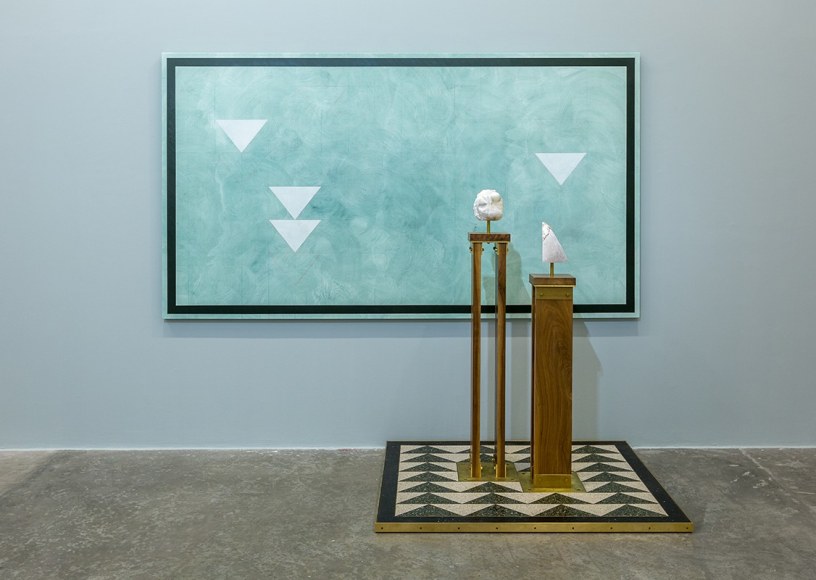 Kamrooz Aram, A Monument for Living in Defeat, 2016, Oil, wax and pencil on canvas, terrazzo and brass on panel, solid walnut and brass pedestals, soapstone and alabaster, Dimensions variable